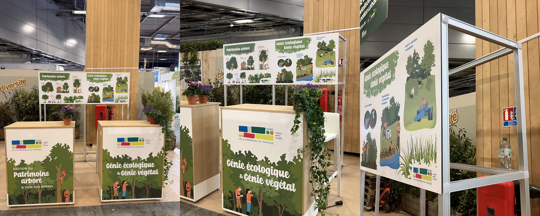 Triptyque du stand Unep au Salon des Maires : vue de face, vue 3/4 et structure 3D aluminium — Atelier Images & Cie