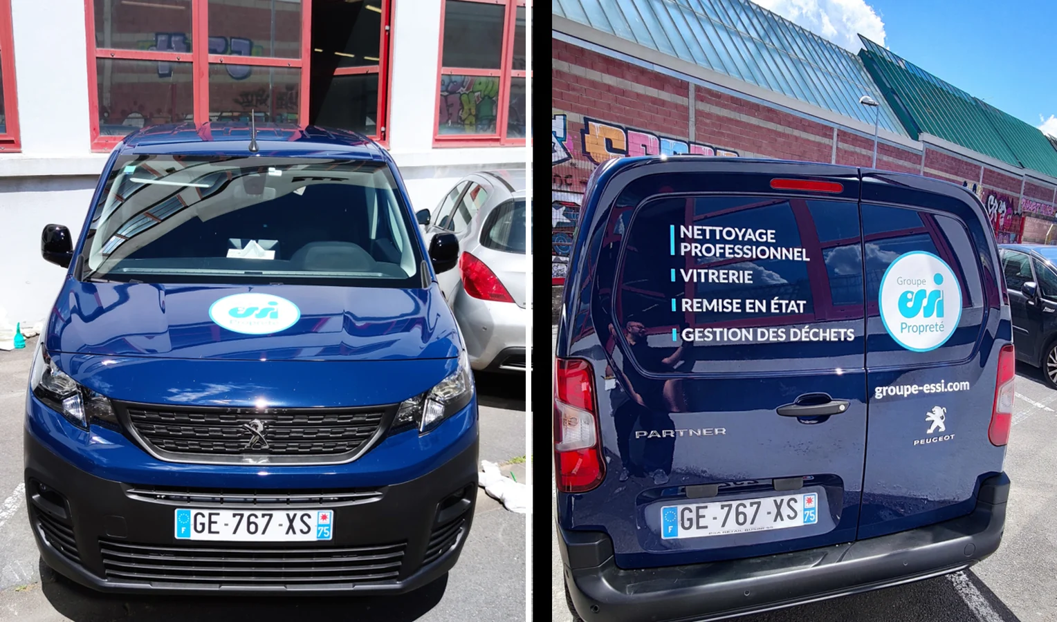Flocage et lettrage adhésif d'un utilitaire Peugeot Partner du groupe Essi