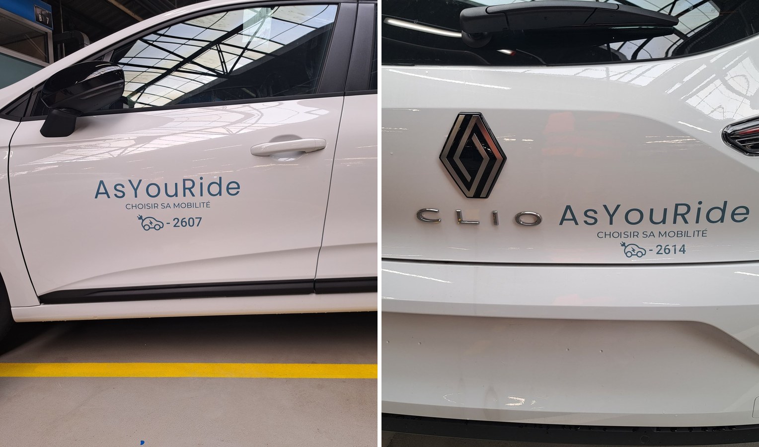 Covering véhicule par lettrage adhésif AsYouRide sur la portière et le hayon d'une Renault Clio E-TECH — flotte EBIKE, Atelier Images & Cie
