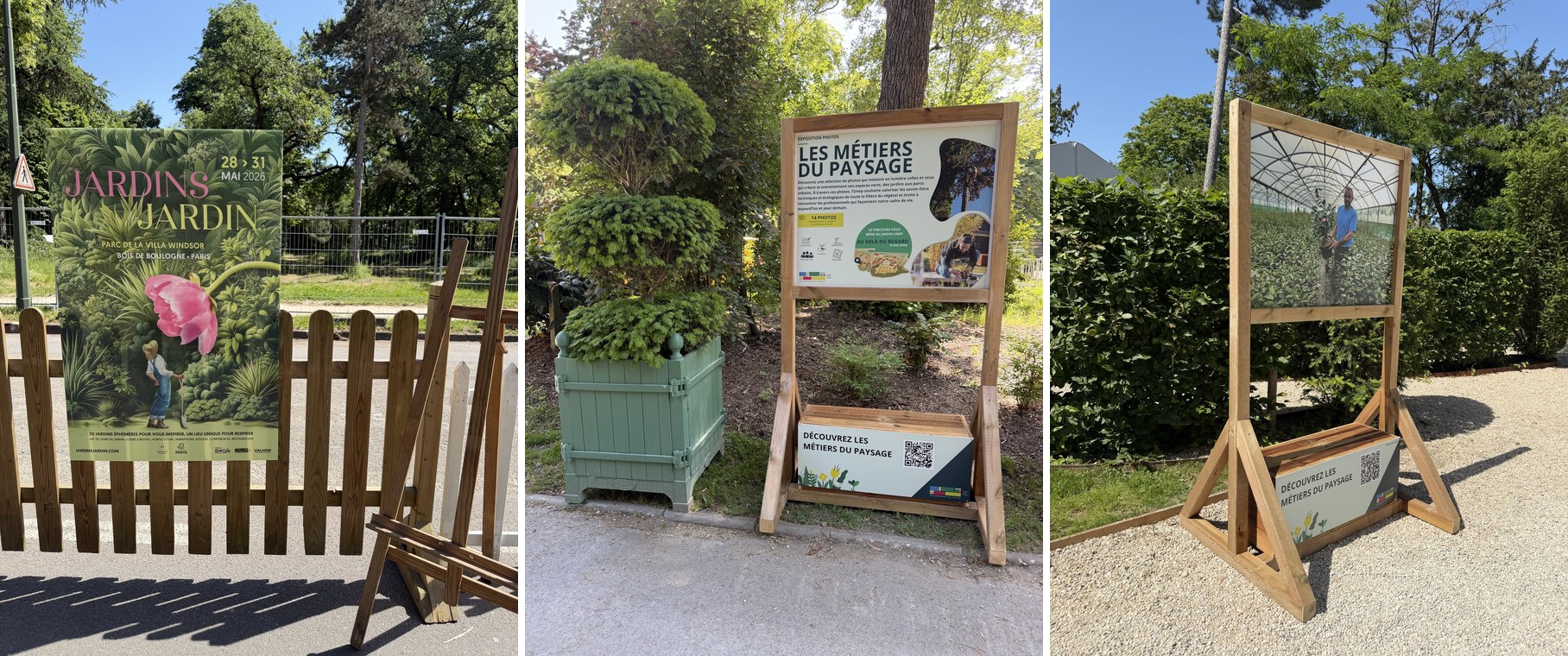 Triptyque — affiche Jardins, Jardin 2026 et structures bois sur-mesure de l'exposition Les métiers du paysage de l'UNEP, conçues par Atelier Images & Cie