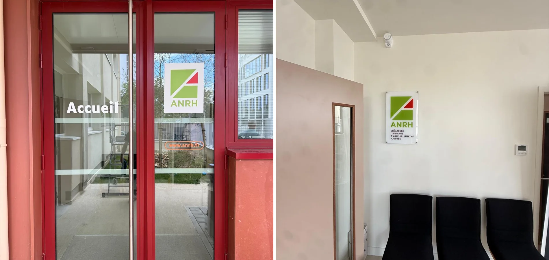 Signalétique d'accueil et plaques Plexiglas sur entretoises dans les locaux de l'ANRH Nanterre
