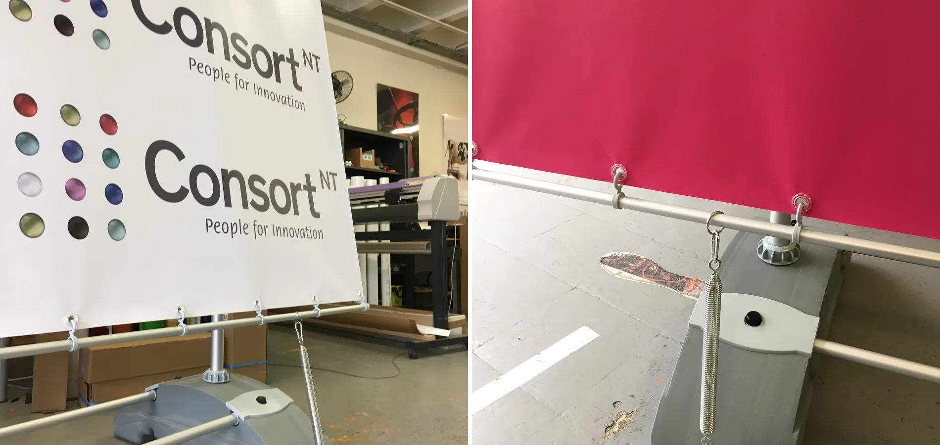 Détails du Totem Horizon pour les 25 ans de Consort : bâche à œillets sur structure aluminium et pied lesté avec ressort de tension