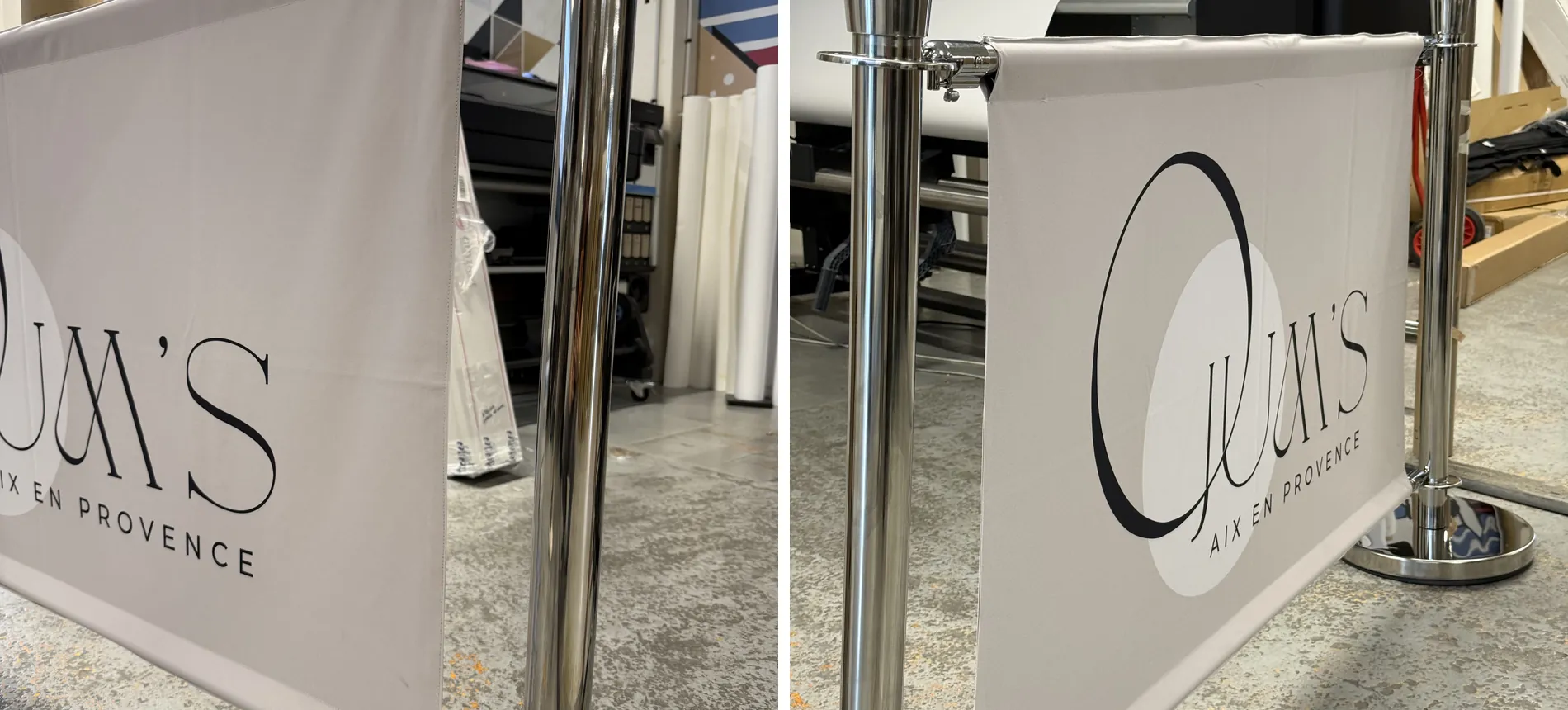 Détails de la barrière de café personnalisée : impression haute définition du logo sur toile tendue