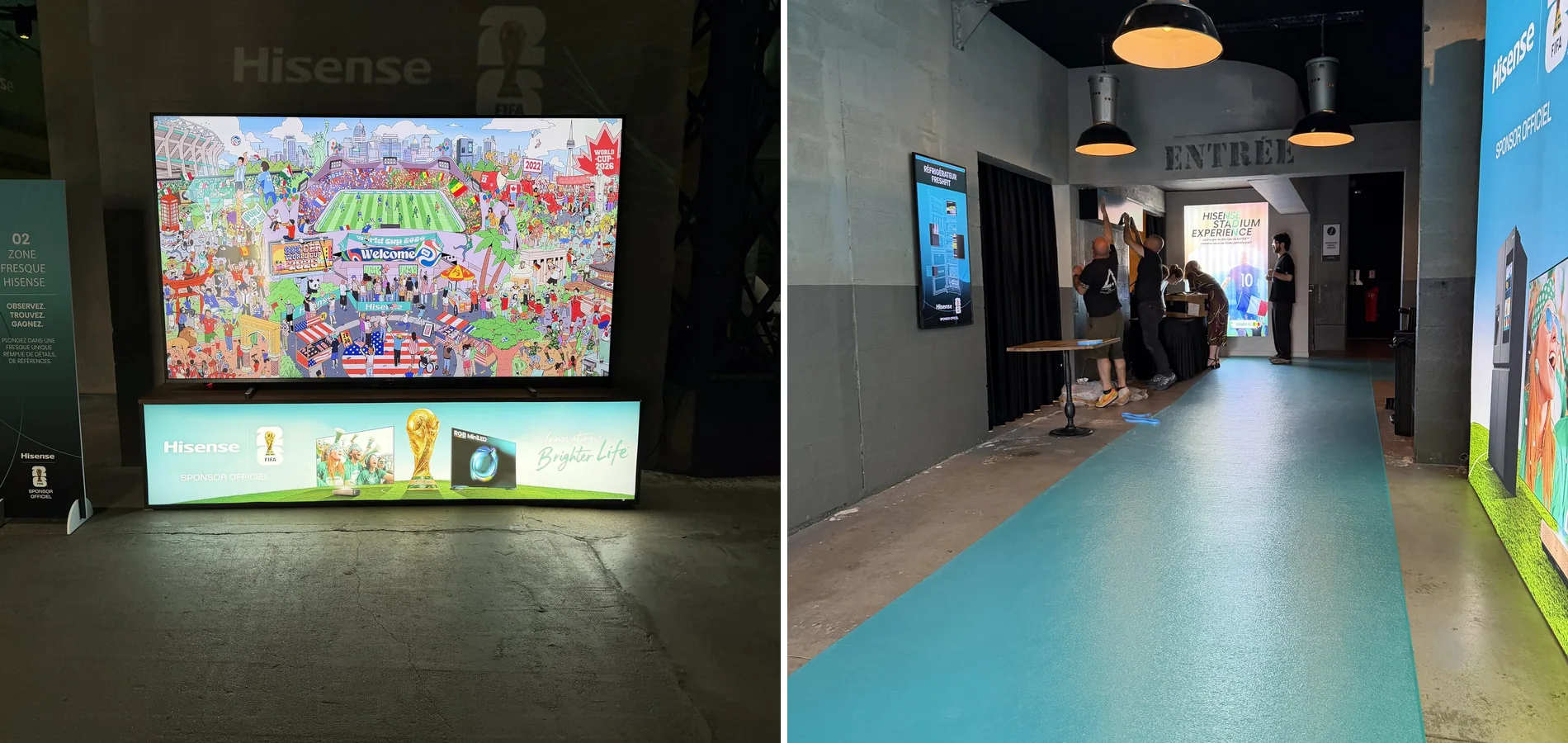 Caisson lumineux et parcours visiteurs habillés aux couleurs de Hisense