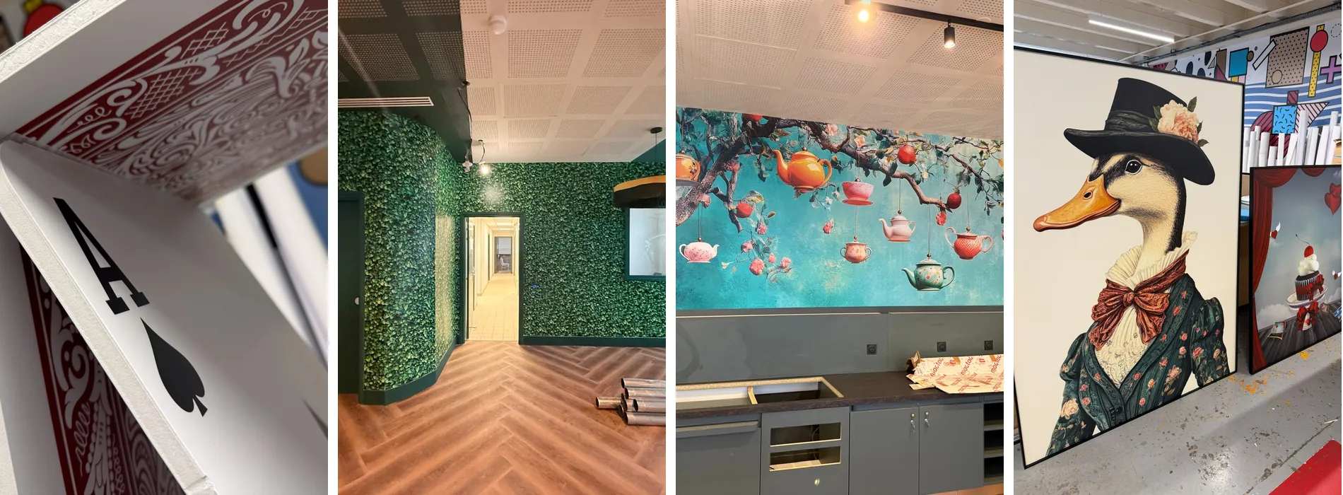 Détails de décoration d'hôtel : papiers peints imprimés sur mesure, fresques murales et tableaux décoratifs