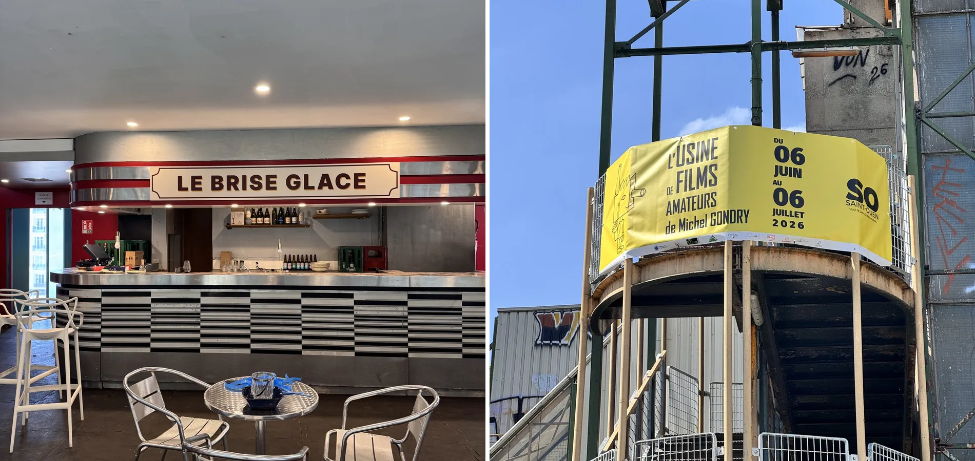 Décor de café et habillage extérieur de la patinoire de Saint-Ouen pour l'événement Michel Gondry