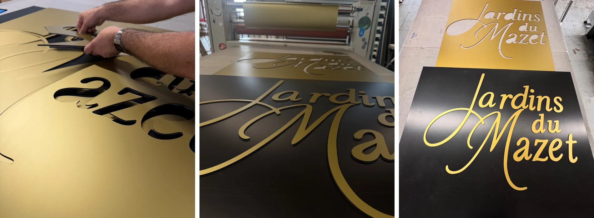 Fabrication de la signalétique en atelier : échenillage du vinyle laiton brossé, lamination et panneaux décorés