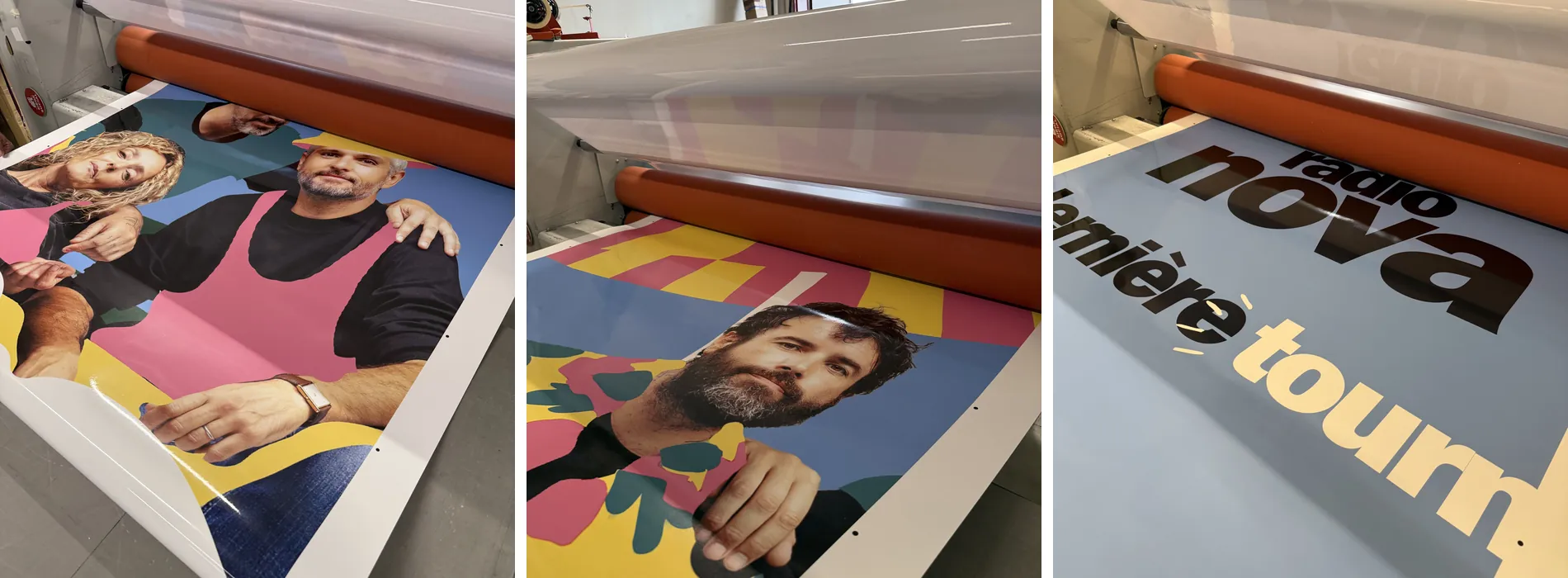 Impression et lamination du vinyle conformable aux couleurs de Radio Nova dans l'atelier