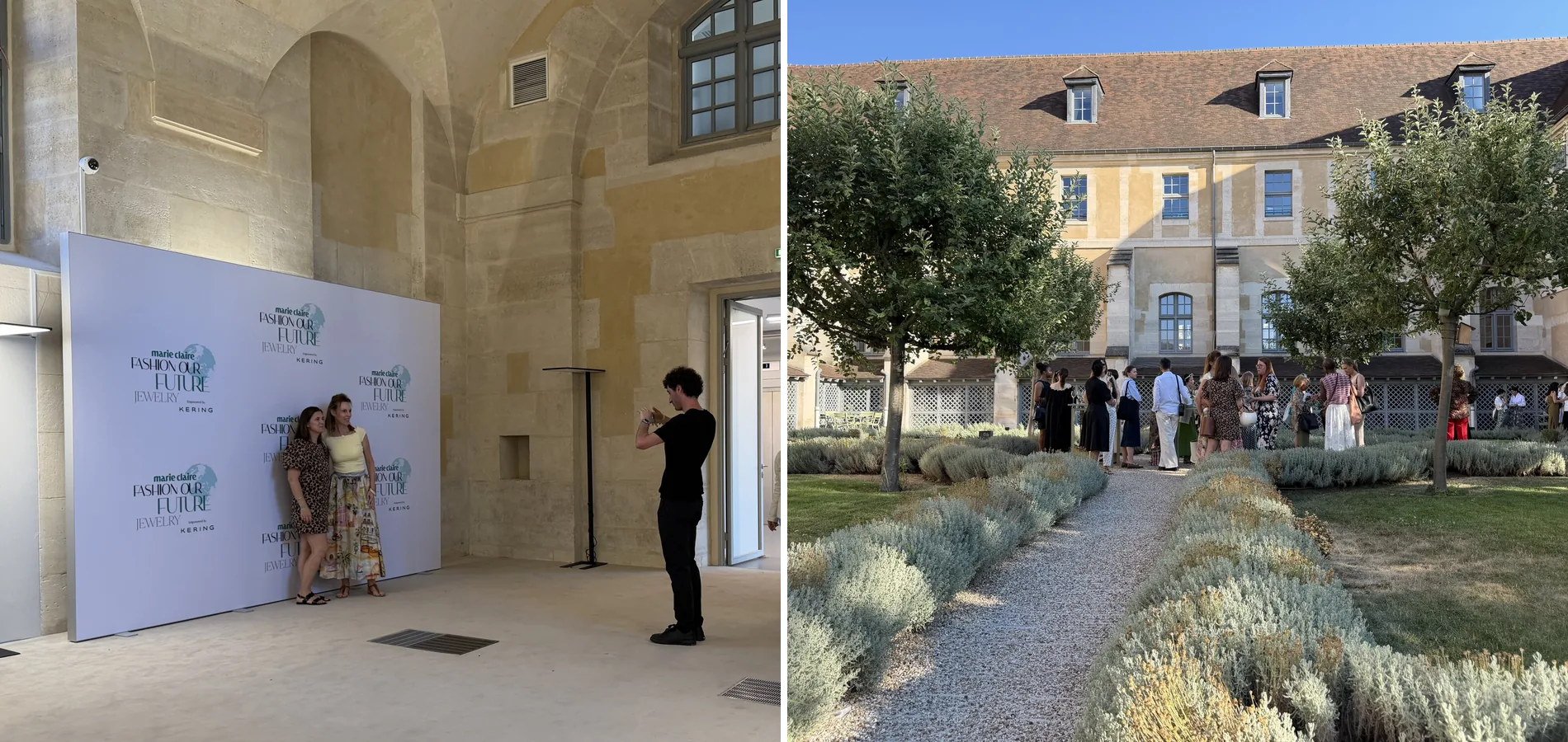 Photocall textile Marie Claire et cour intérieure du siège de Kering