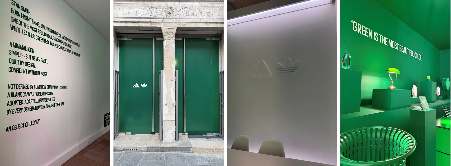 Scénographie de showroom Adidas : mur typographique, vitrines vertes, vitrophanie dépolie et mise en scène produits