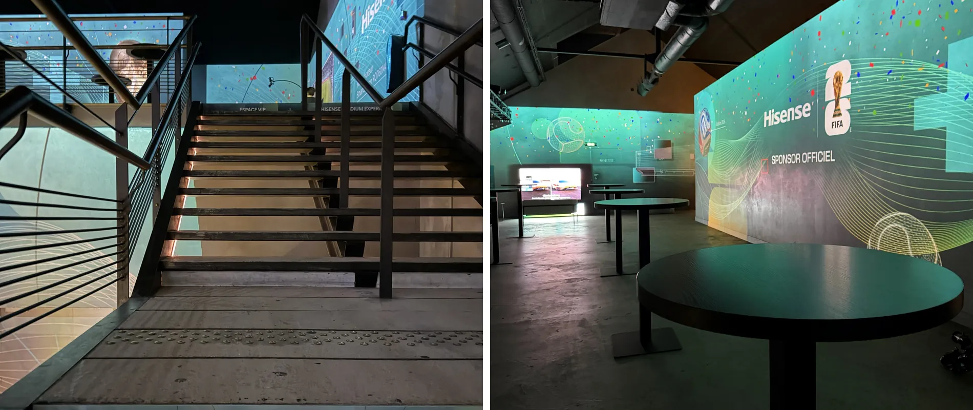Scénographie événementielle Hisense : signalétique d'escalier et salle immersive avec projections