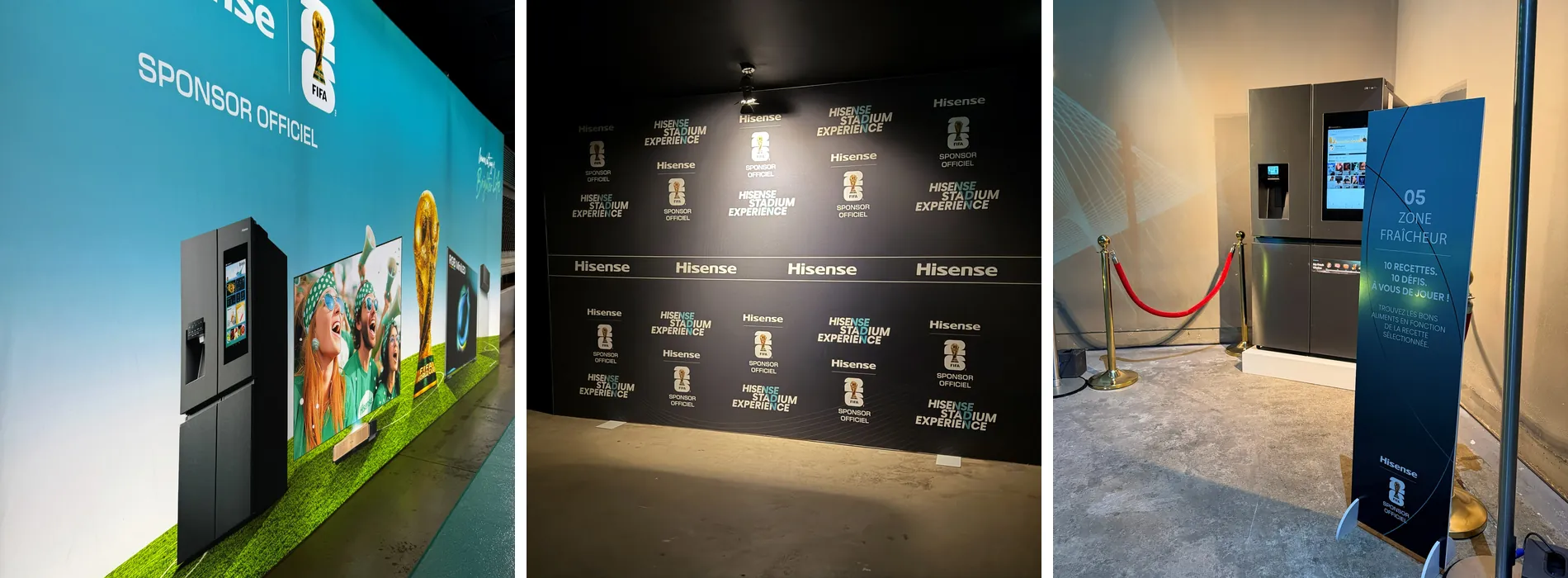 Dispositifs grand format Hisense : mur d'image sponsor, photocall noir et totem rétroéclairé