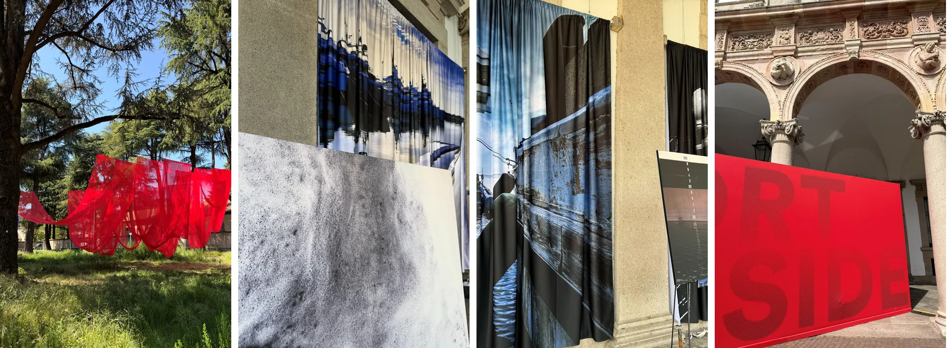 Scénographie textile : voilages imprimés et toiles tendues créant des espaces poétiques