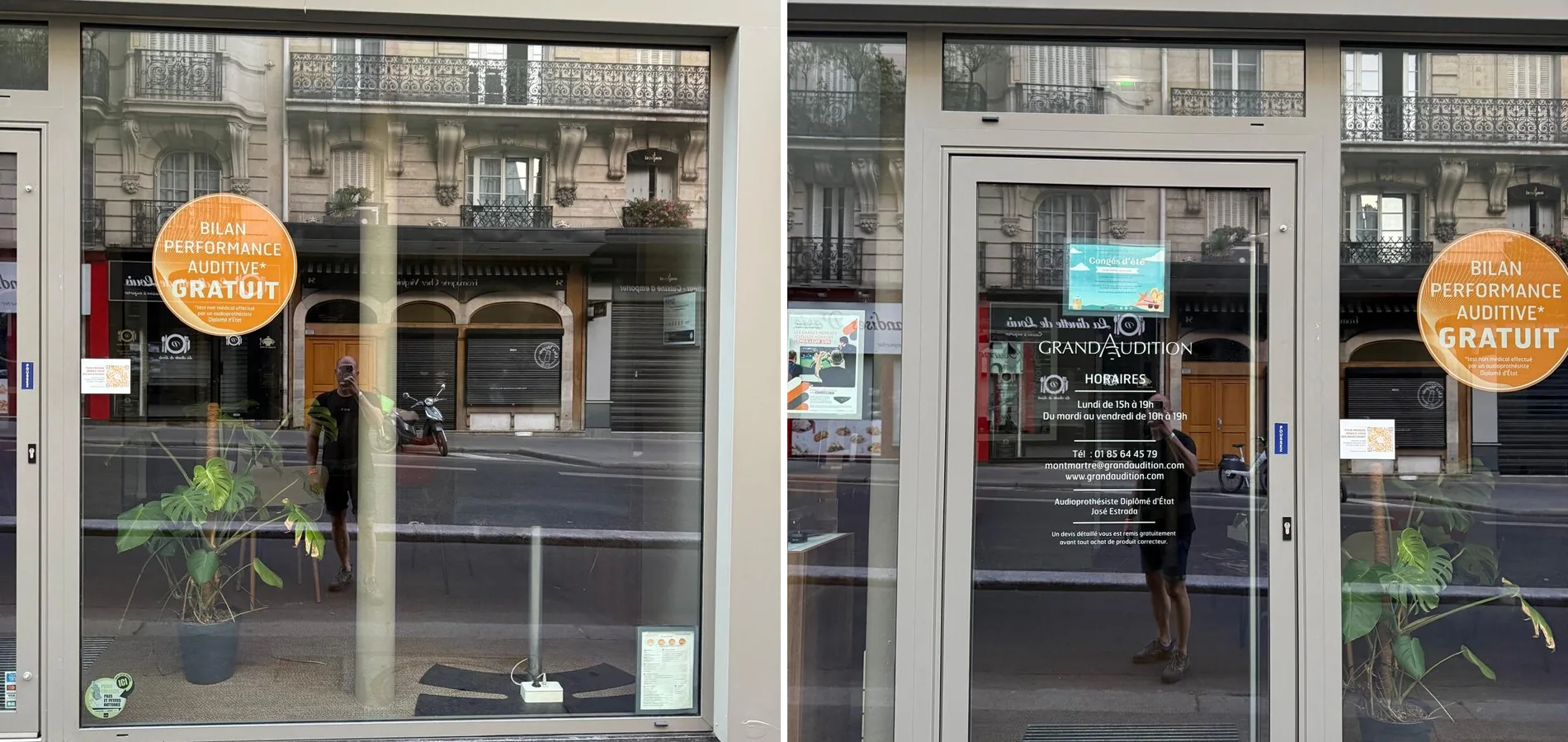 Vitrine et porte GrandAudition après la pose d'un film solaire discret