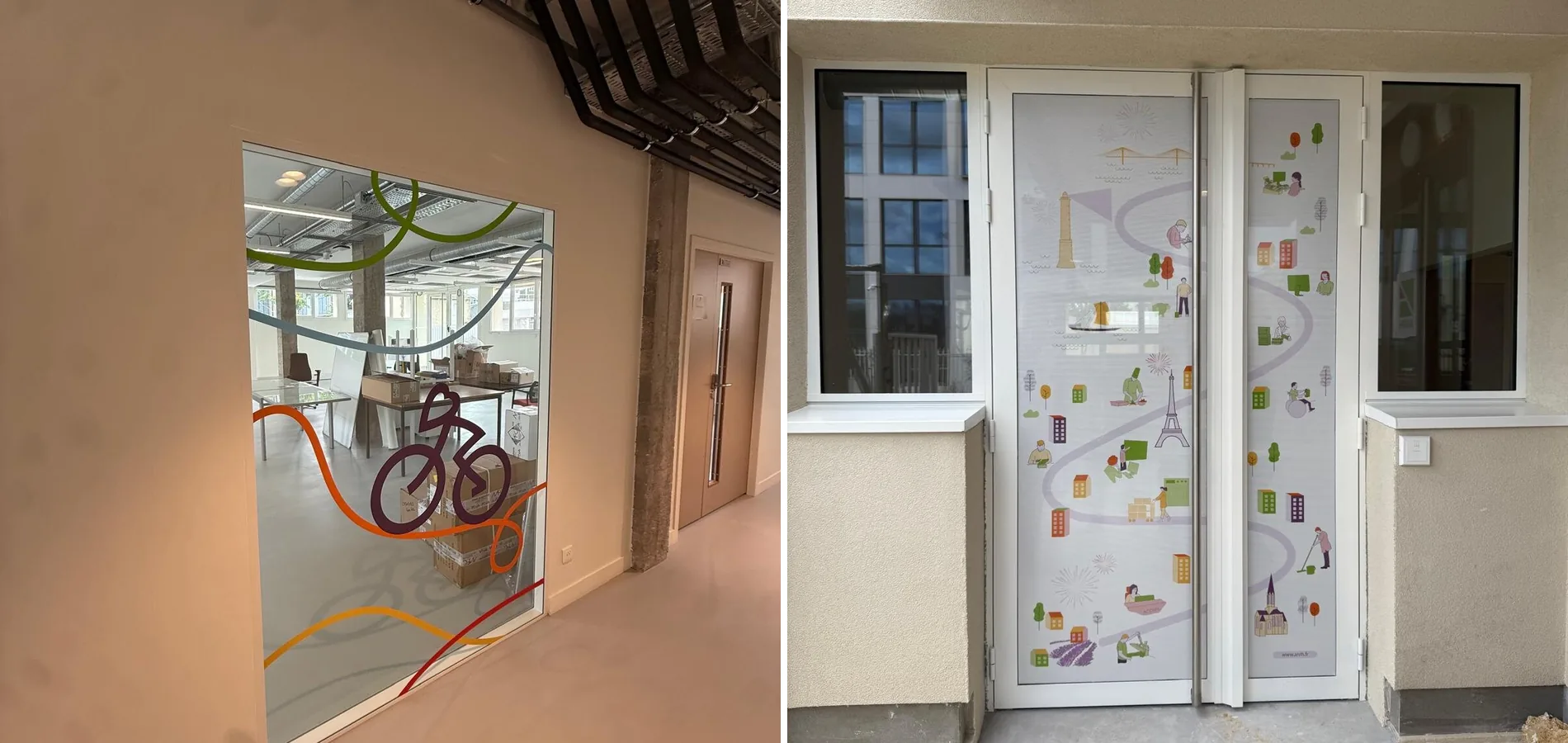 Vitrophanie décorative et vinyle microperforé sur les portes du nouveau site ANRH de Nanterre