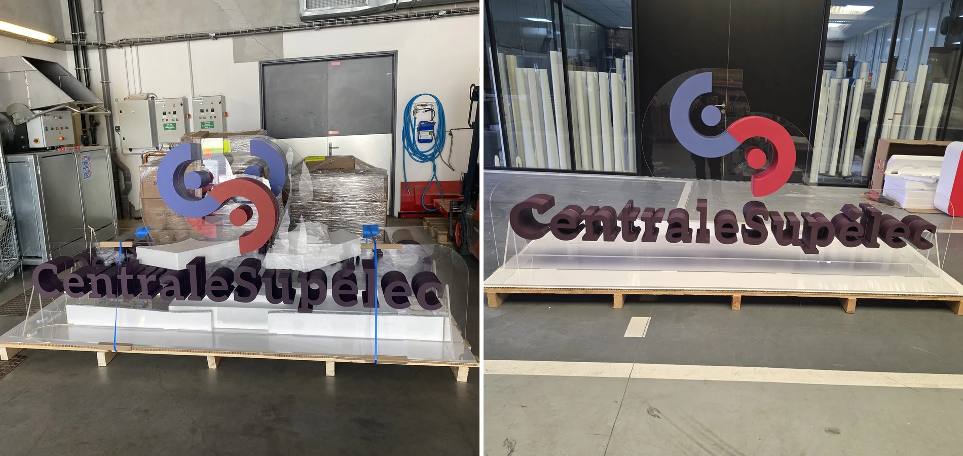 Fabrication du logo 3D CentraleSupélec en mousse sur une structure Plexiglas