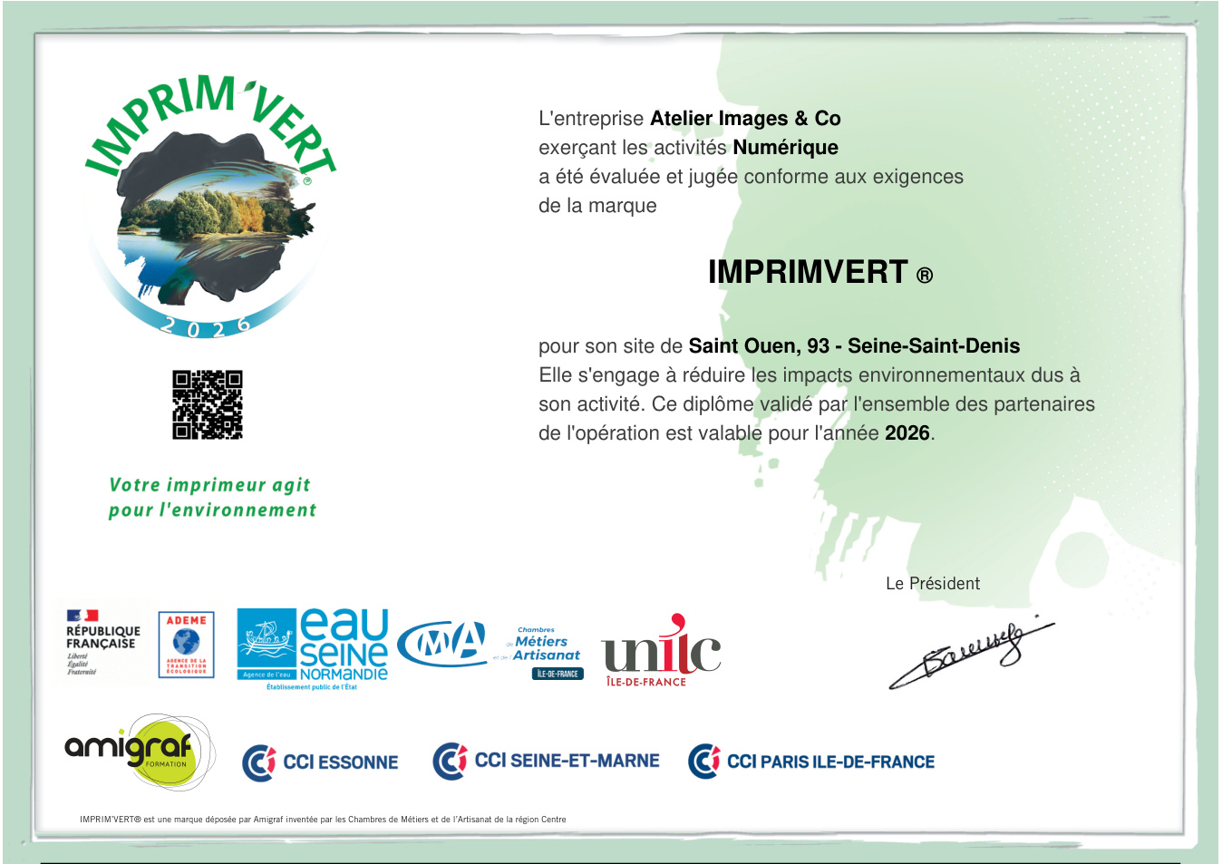 Diplôme Imprim’Vert 2026 — site de Saint-Ouen