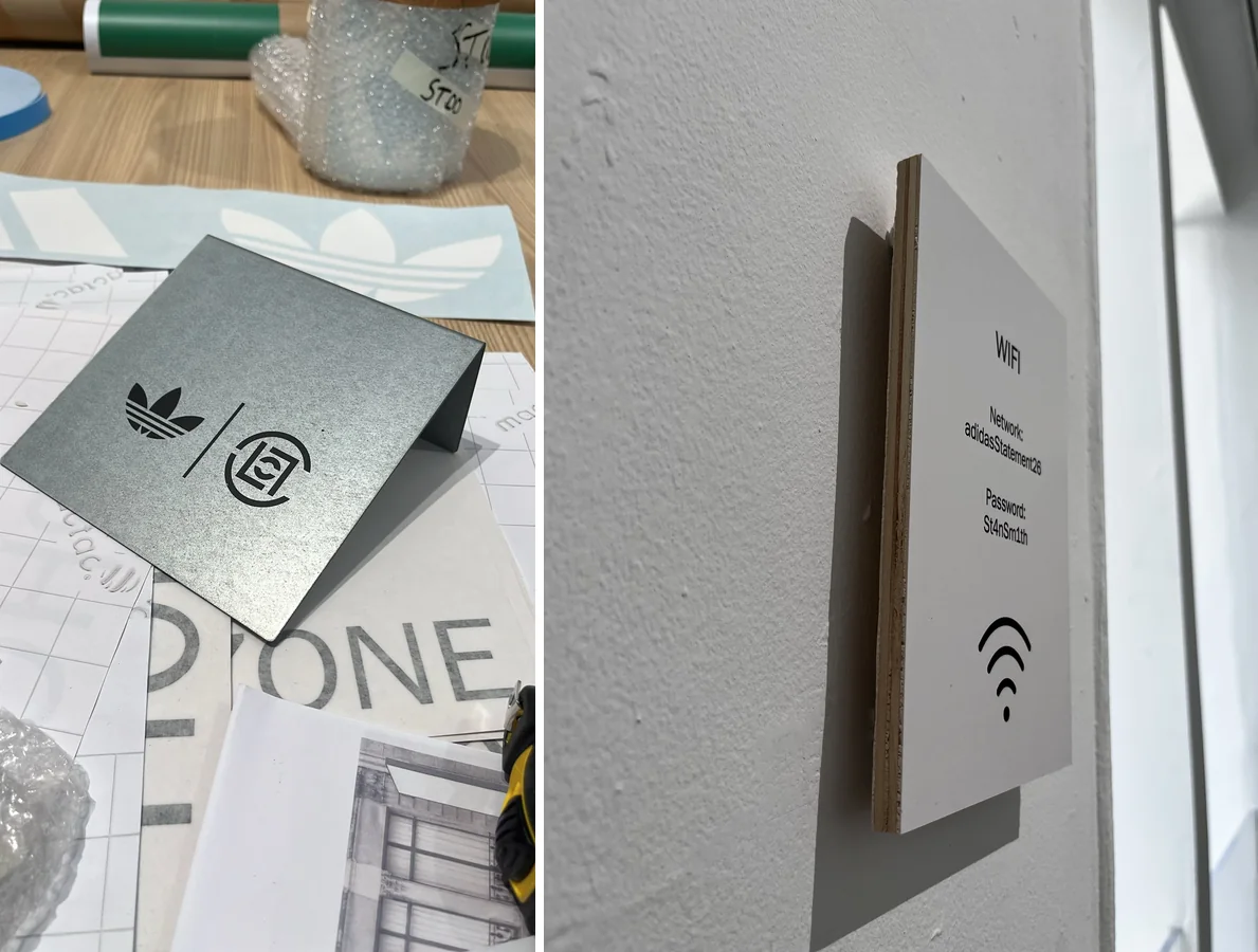 Plaque Adidas et Clot en cours de fabrication à l'atelier et plaque Wifi sur support bois
