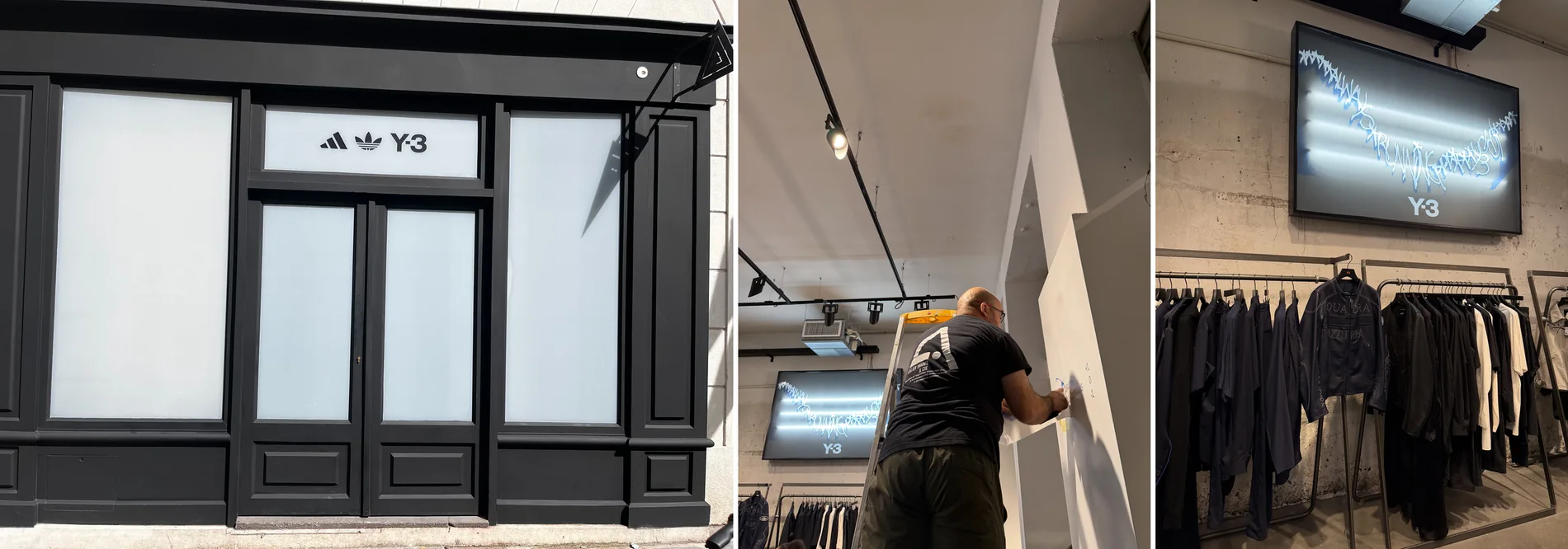Devanture du showroom Y-3 à Paris, pose des adhésifs et écran Y-3 au-dessus des portants