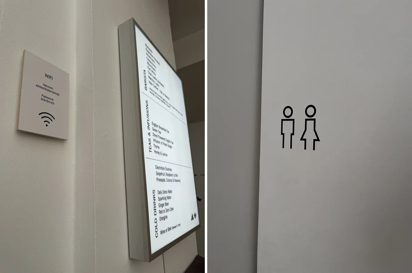 Panneaux Wifi et carte des boissons et pictogramme sanitaires du showroom Adidas