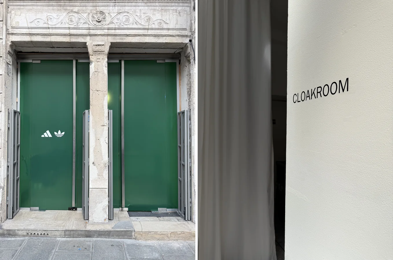 Vitrophanie du logo Adidas sur les portes vitrées et lettrage mural Cloakroom du showroom